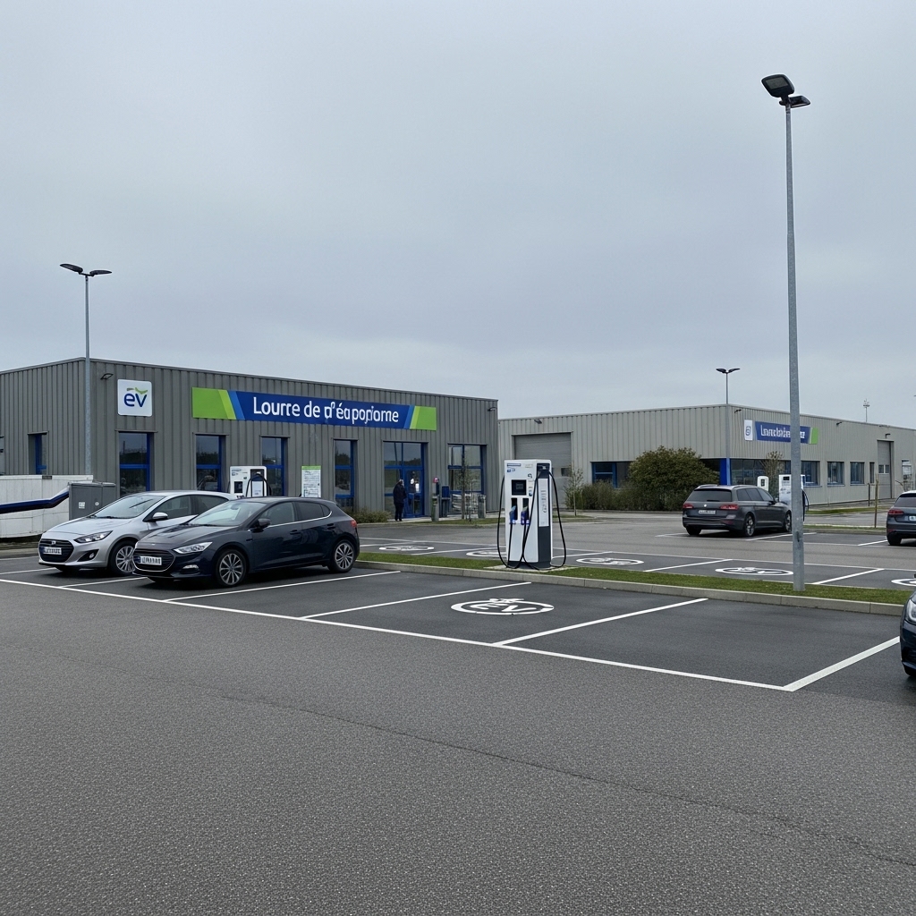 Installation d'une borne de recharge pour véhicule électrique sur un parking d'entreprise moderne.