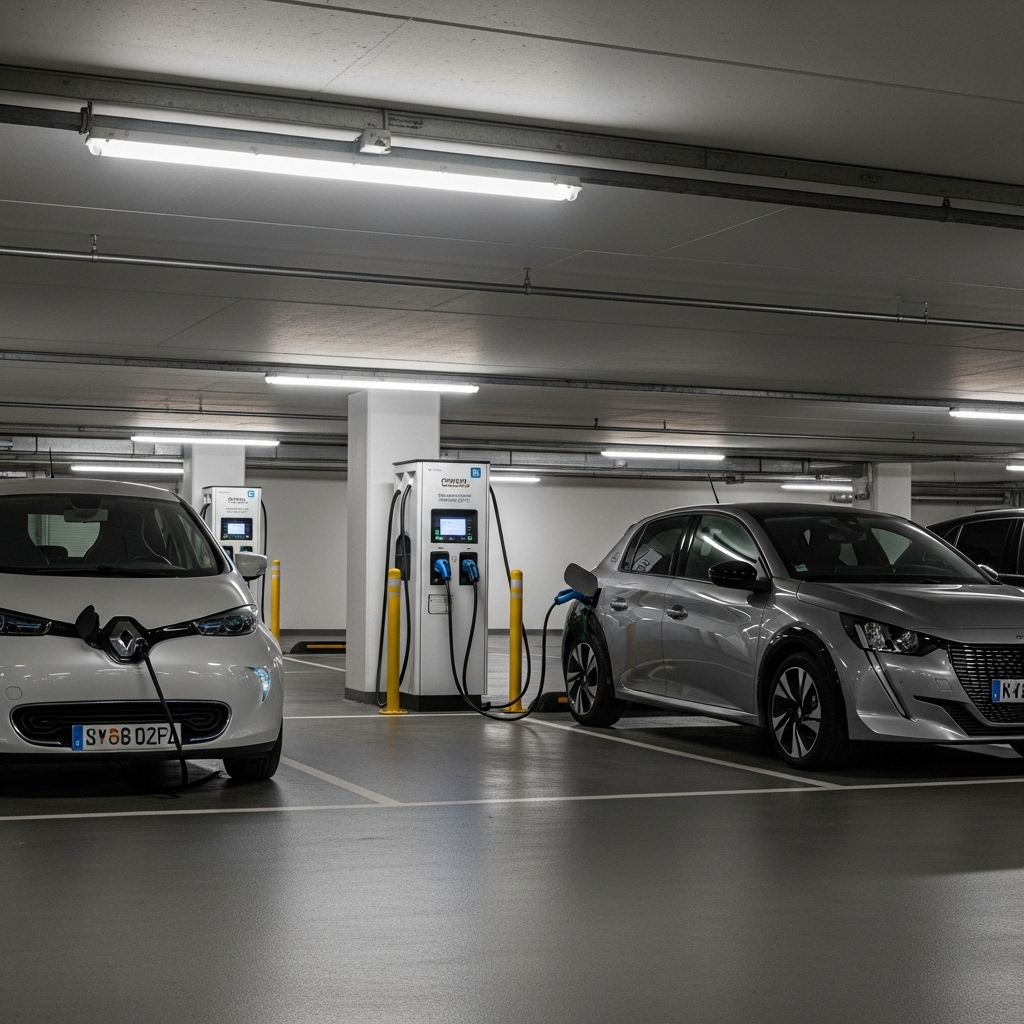 Plusieurs bornes de recharge design et robustes, installées sur un parking d'entreprise bien éclairé, avec des voitures électriques en cours de chargement.