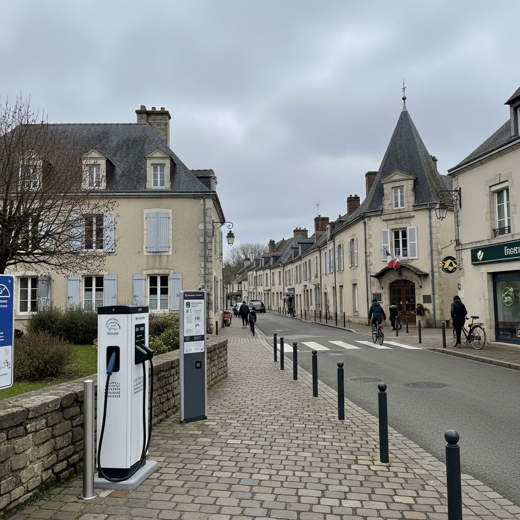 Borne de recharge installée près d’une mairie dans un village français