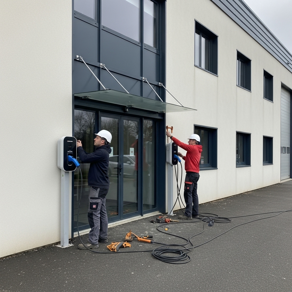 Installation d'une borne de recharge devant un bâtiment d'entreprise en France