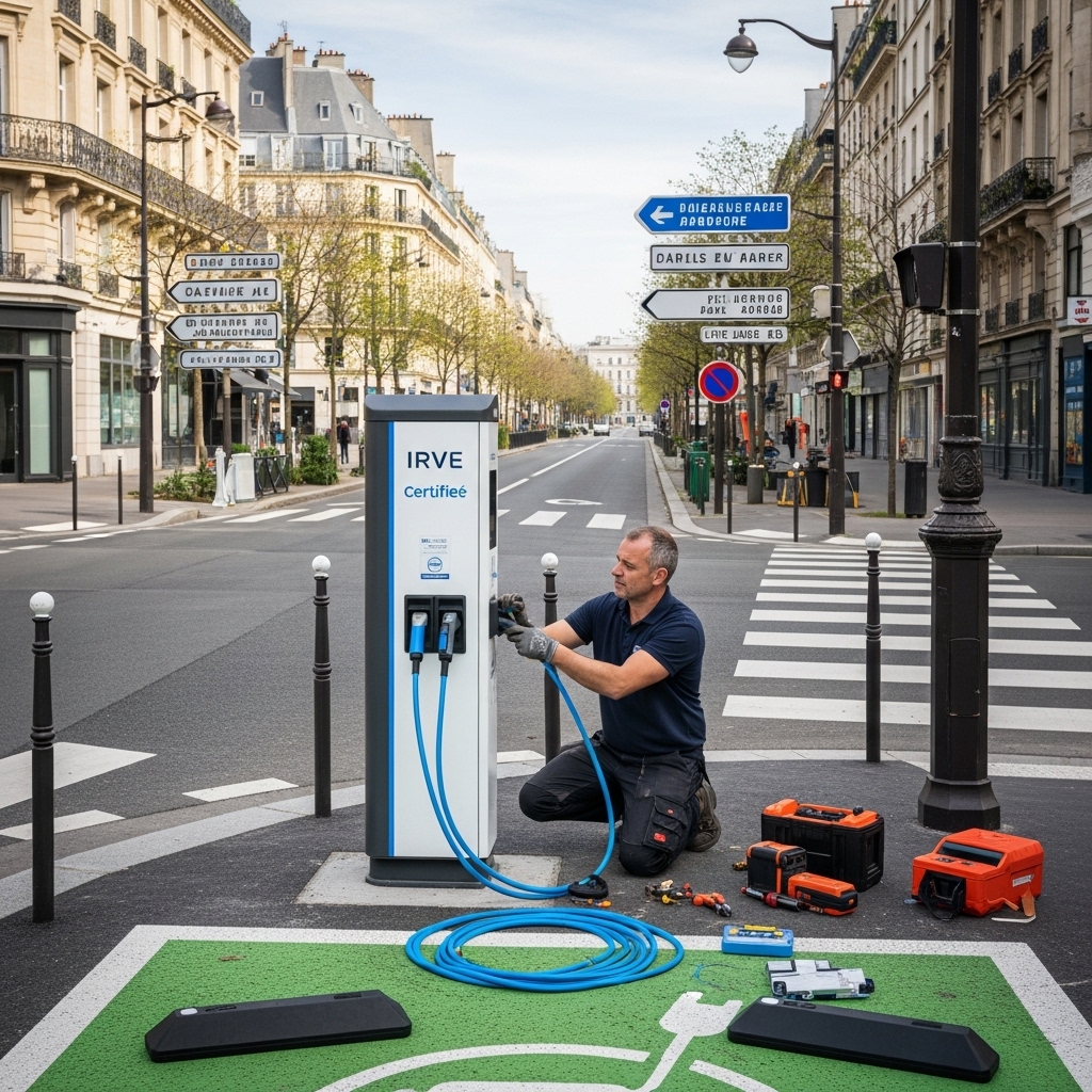 Installation d’une borne IRVE par un technicien en France