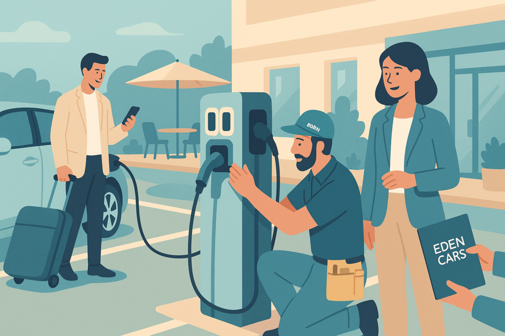 Installation bornes électriques hôtels/restaurants à Théoule-sur-Mer par Eden Cars, certifié IRVE. Conformité LOM 2025, aides 2026, dès 499€