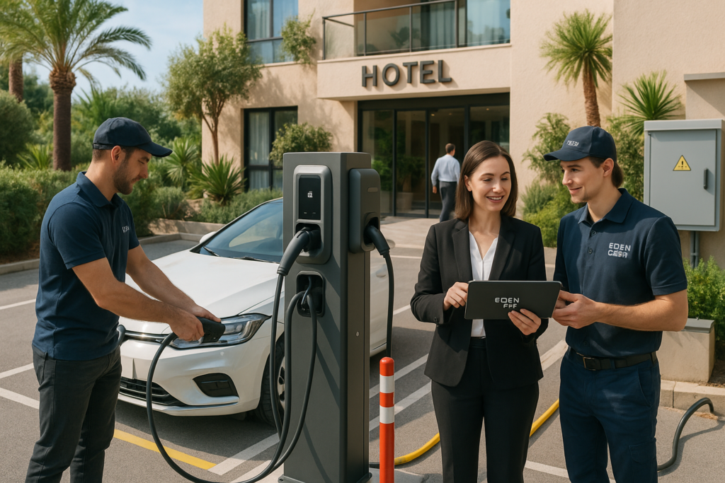 Bornes électriques pour hôtels Alpes-Maritimes: normes 2026 LOM, sécurité IEC, aides Green Deal 06, IRVE. Guide parkings >20 places.